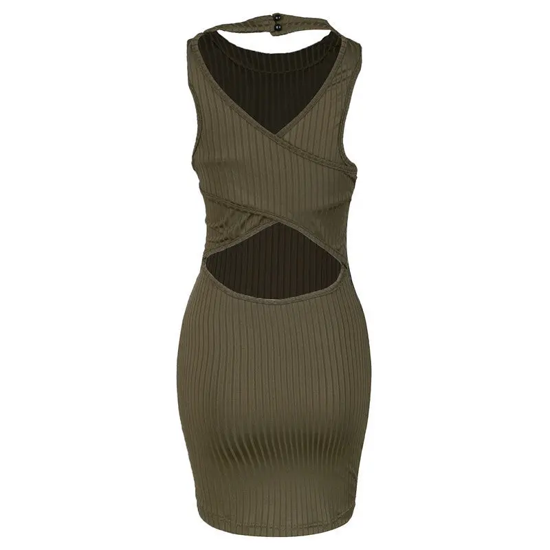 Womens Sexy Bodycon Dress Halter Back Cut Out Knitted Dress Slim Striped Mini Club Party Dress Sleeveless Robe 9