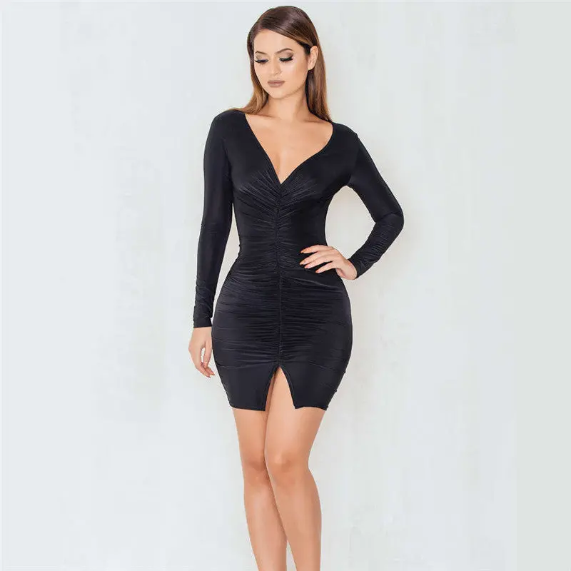Women's Sexy Bodycon Dress Split Draped Club Dresses Deep V Slim Wrap Dress Long Sleeve Robe Femme 1