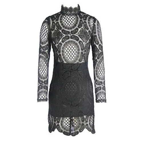 Women's Sexy Club Dress White Black Embroidery Floral Celebrity Bodycon Bandage Dress Long Sleeve Hollow Lace Dress 1