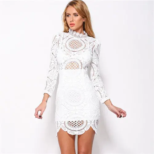 Women's Sexy Club Dress White Black Embroidery Floral Celebrity Bodycon Bandage Dress Long Sleeve Hollow Lace Dress 4
