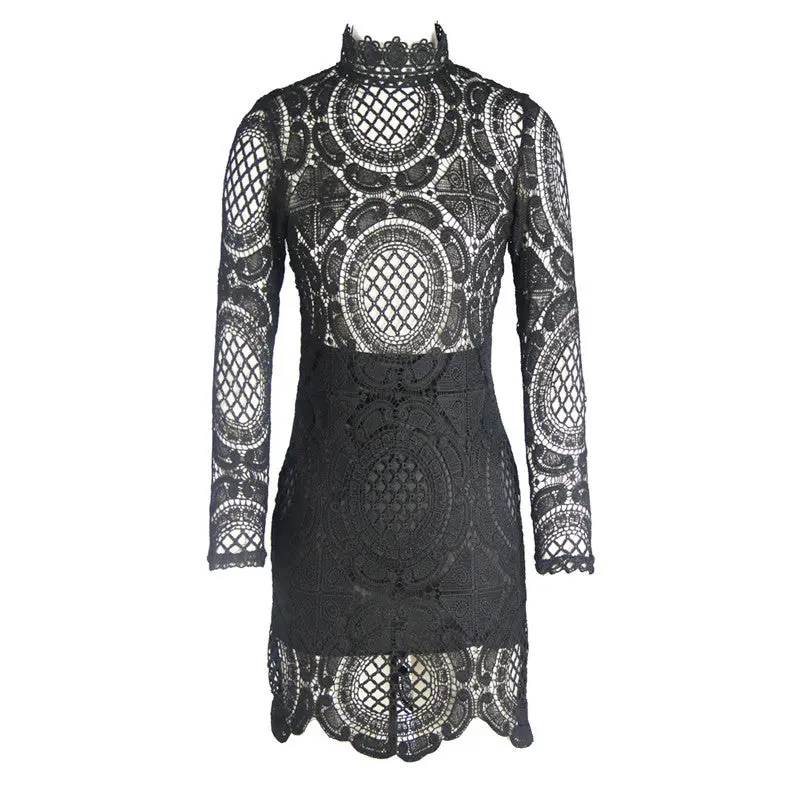 Women's Sexy Club Dress White Black Embroidery Floral Celebrity Bodycon Bandage Dress Long Sleeve Hollow Lace Dress 9