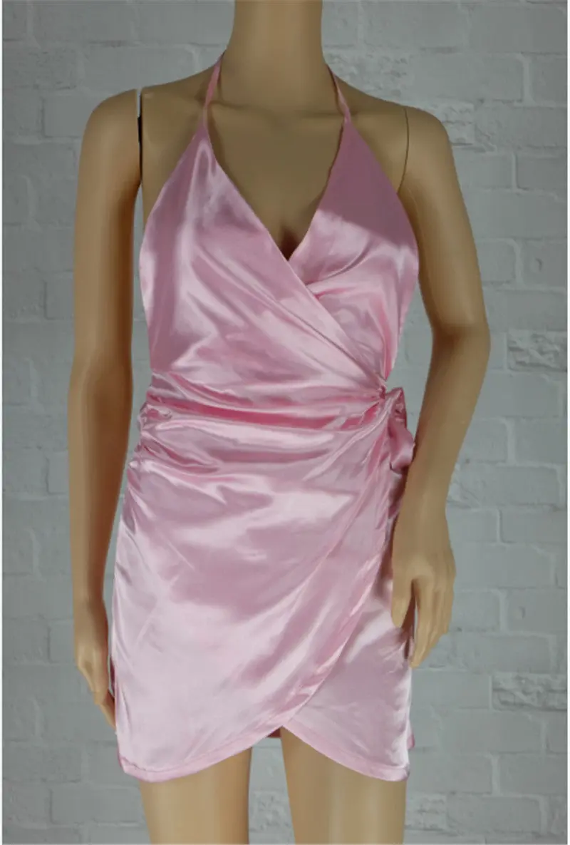 Womens Sexy Club Dresses Deep V Backless Halter Bodycon Dress Club Night Party Dress Mini Pink Green 5