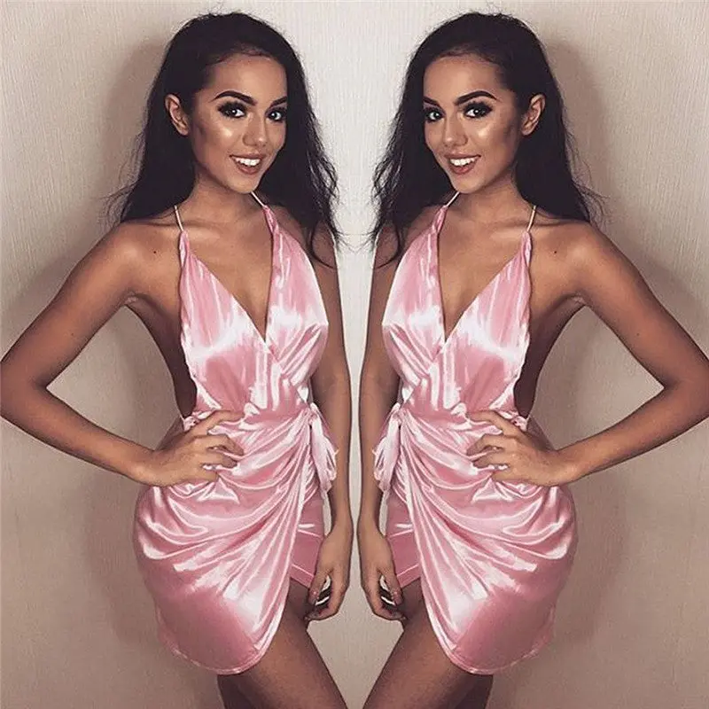 Womens Sexy Club Dresses Deep V Backless Halter Bodycon Dress Club Night Party Dress Mini Pink Green 7