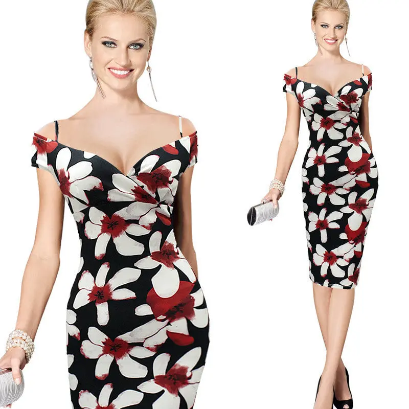 Womens Sexy Dress V-Neck Elegant Off Shoulder Dress Floral Flower Print Dress Casual Party Club Evening Bodycon Dresses 1