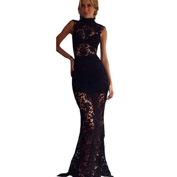 Womens Sexy Dresses Party Elegant Hollow Out Lace Floral Maxi Dresses Long Evening Party Dress For Women Black White Red 1
