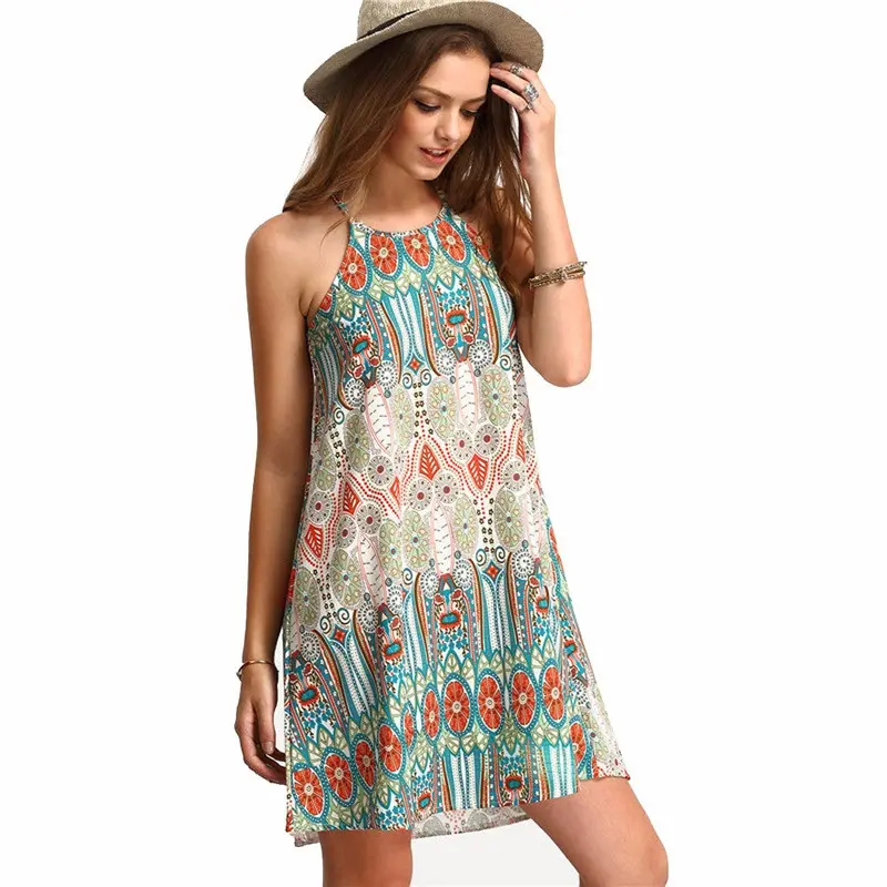 Womens Sexy Floral Print Sleeveless Dress Slim High Waist Casual Party Club Fitted Dress Beach Girls Robe 1