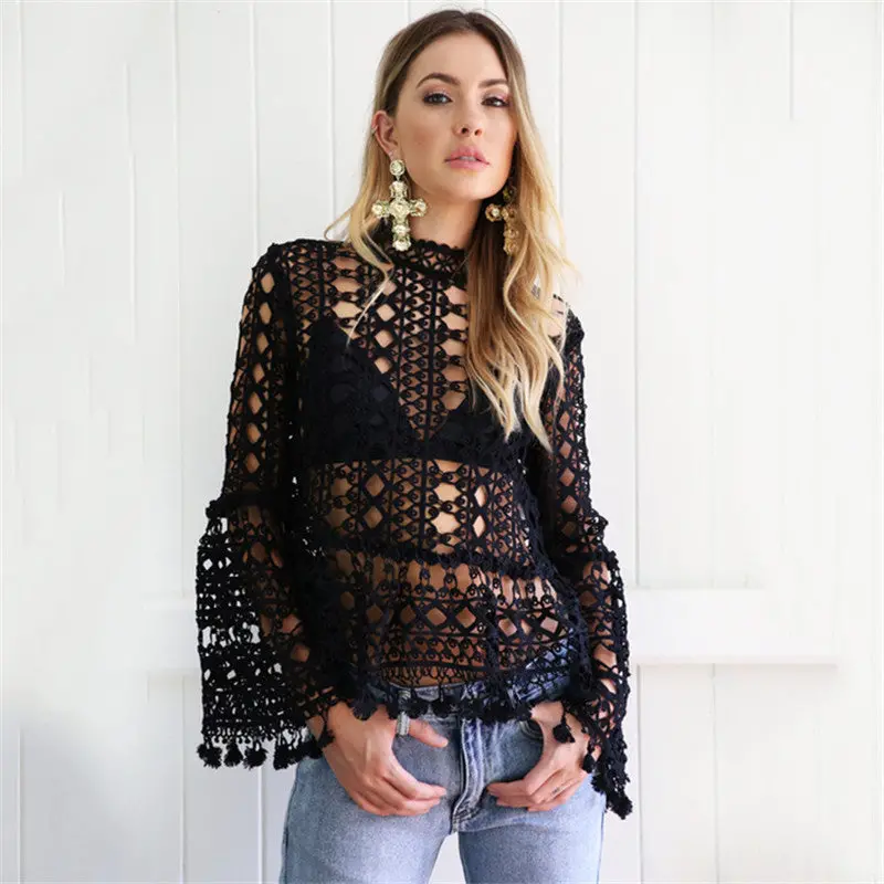 Women's Sexy Hollow Out Lace Blouse Flare Sleeve Tassel Blouses Black White Lace Women Tops Blusas Xl 1