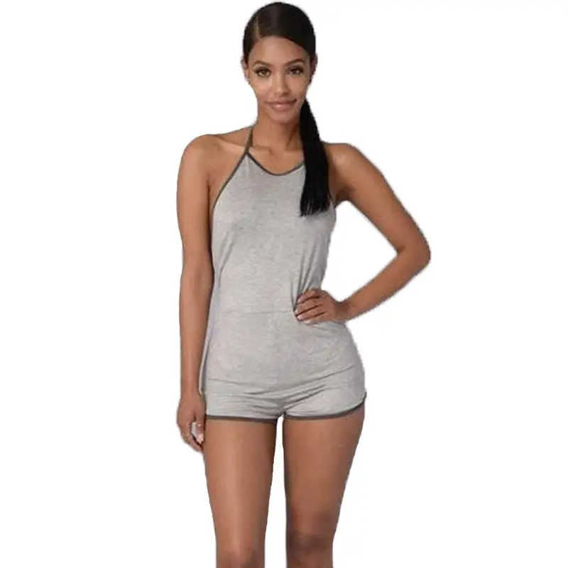 Womens Sexy Jumpsuit Backless Halter Bodycon Short Jumpsuit Bodysuit Slim Romper Style Combination Femme Black Gray 3