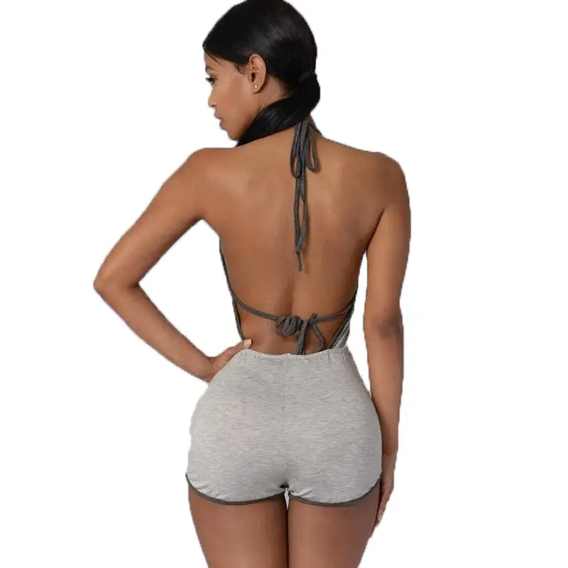 Womens Sexy Jumpsuit Backless Halter Bodycon Short Jumpsuit Bodysuit Slim Romper Style Combination Femme Black Gray 4