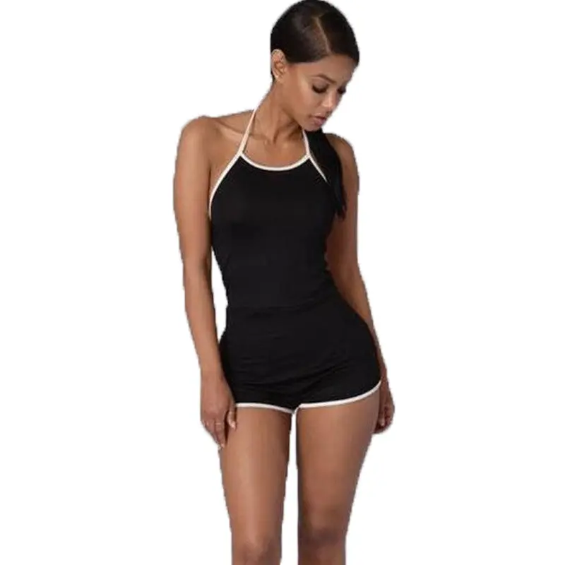 Womens Sexy Jumpsuit Backless Halter Bodycon Short Jumpsuit Bodysuit Slim Romper Style Combination Femme Black Gray 5