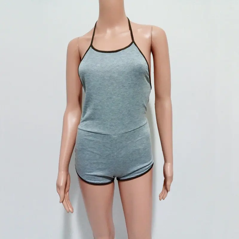 Womens Sexy Jumpsuit Backless Halter Bodycon Short Jumpsuit Bodysuit Slim Romper Style Combination Femme Black Gray 6