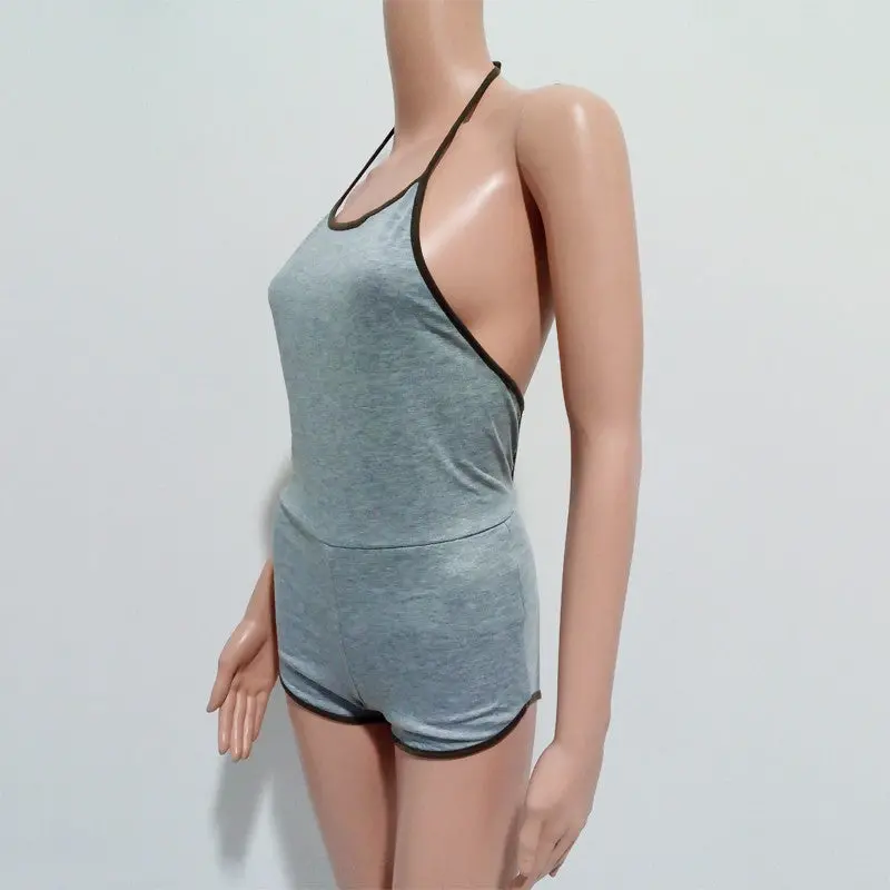 Womens Sexy Jumpsuit Backless Halter Bodycon Short Jumpsuit Bodysuit Slim Romper Style Combination Femme Black Gray 7