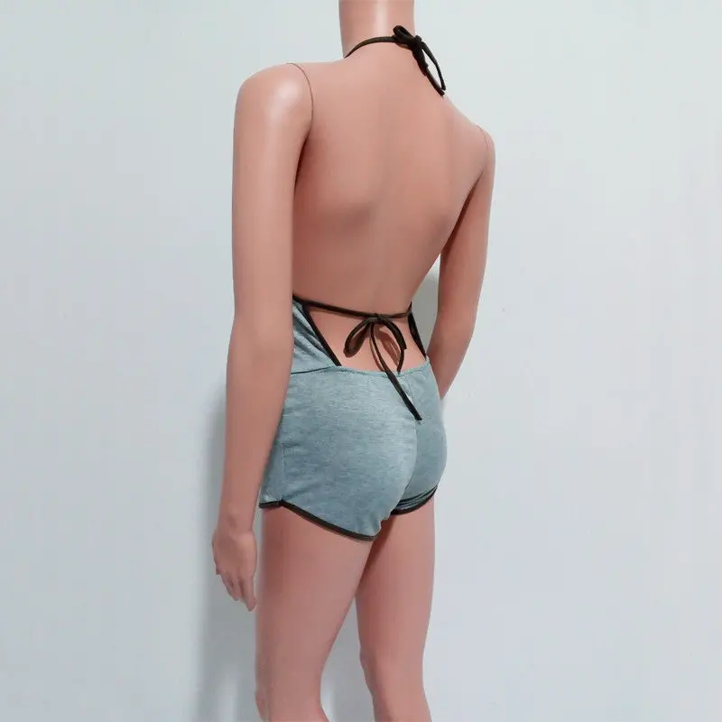 Womens Sexy Jumpsuit Backless Halter Bodycon Short Jumpsuit Bodysuit Slim Romper Style Combination Femme Black Gray 8