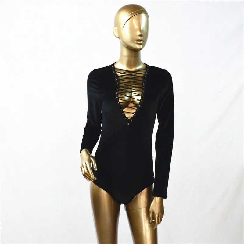 Womens Sexy Lacing Up Bodysuit Top Long Sleeve Deep V Neck Club Bodysuit Women Velvet Body Top For Women 1