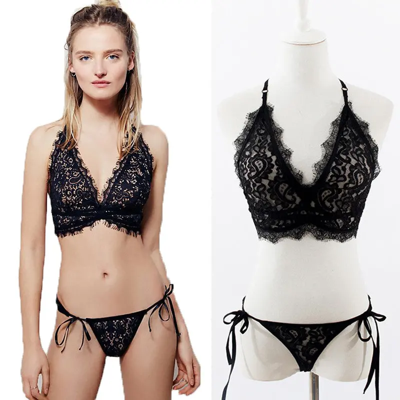 Womens Sexy Lingerie Black Lace Erotic Lingerie For Women 2 Piece Lingerie Set Strappy Bra + Sexy Thongs Lenceria Erotica 3