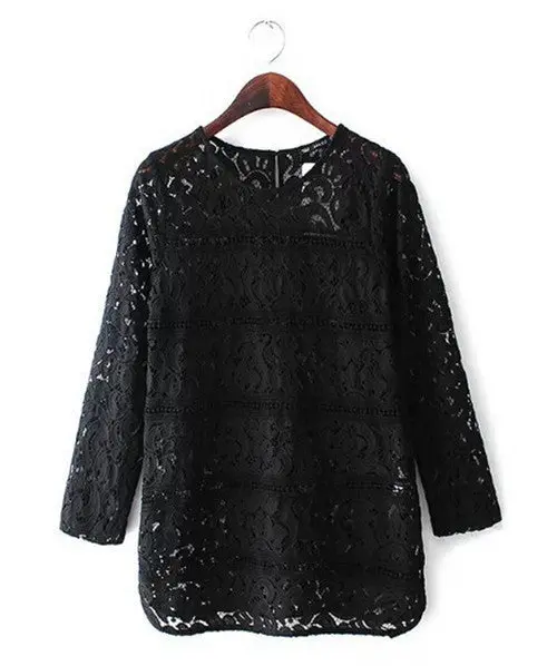 Women's Sexy Semi Sheer Embroidery Floral Lace Crochet Shirt Hollow Out O Neck Long Sleeve Pullover Shirts Blouse Tops 1