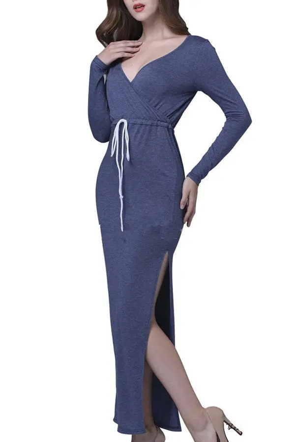 Womens Sexy Side Split Long Dress Deep V Neck Slim Party Dresses Long Sleeve Knitted Dress Plus Size Robe Femme Vestidos 1