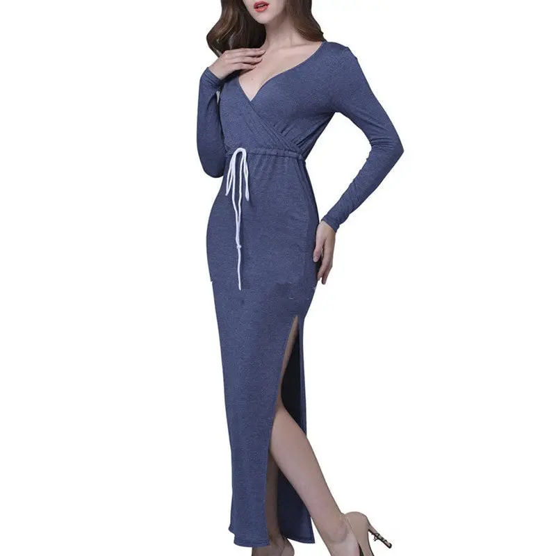 Womens Sexy Side Split Long Dress Deep V Neck Slim Party Dresses Long Sleeve Knitted Dress Plus Size Robe Femme Vestidos 2