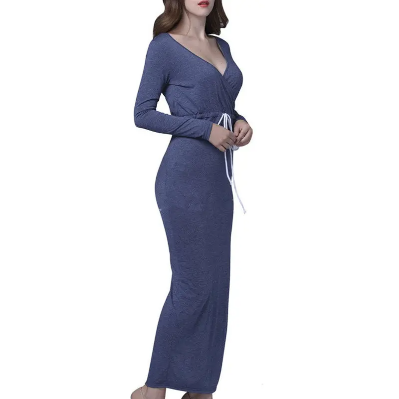 Womens Sexy Side Split Long Dress Deep V Neck Slim Party Dresses Long Sleeve Knitted Dress Plus Size Robe Femme Vestidos 3