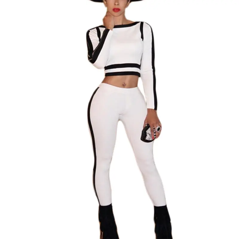 Women's Sexy Two Piece Outfit Black White Patchwork Women Jumpsuit Side Zipper Tracksuit Set Skinny Bodycon Jumpsuit 1