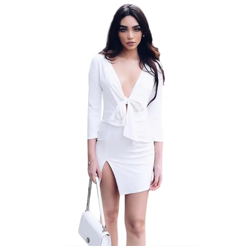Women's Sexy V Neck Long Sleeve Dress Bowknot Split Dresses Bandage Vestidossilk Plus Size 1