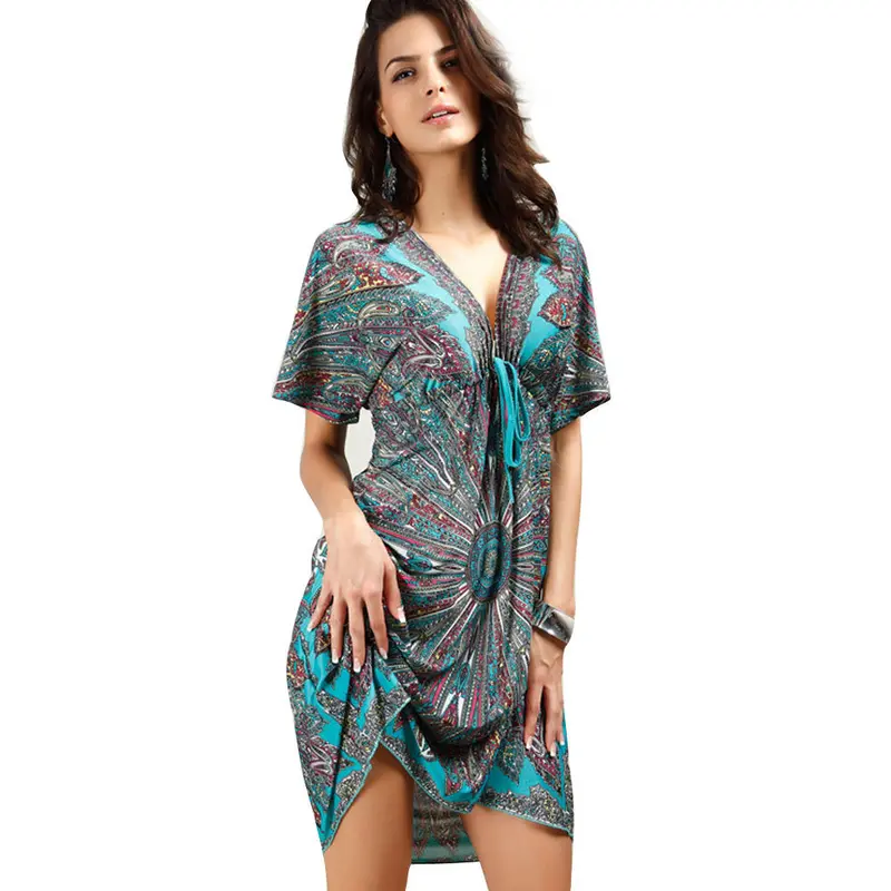 Womens Sexy V-Neck Vintage Tunic Beach Dress Vestidos Womens Clothing Dress Feida 1