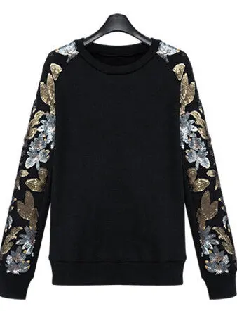 Women's Slouchy Golden Sequin Bling Flower Pattern Crew Neck Long Sleeve Pullover Jumper Sweats Sweatshirts Tops Black 1