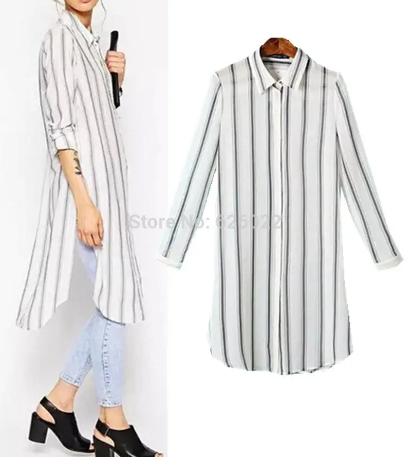 Women's Small Vertical Striped Lapel Split Side Chiffon Long Sleeve Mid Long Shirts Casual Retro Blouses Tops 2