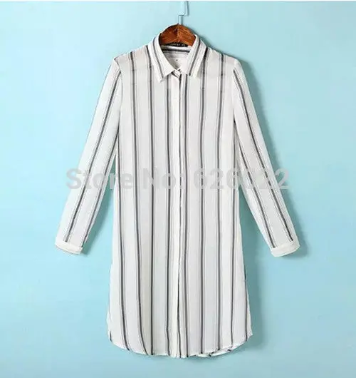 Women's Small Vertical Striped Lapel Split Side Chiffon Long Sleeve Mid Long Shirts Casual Retro Blouses Tops 3