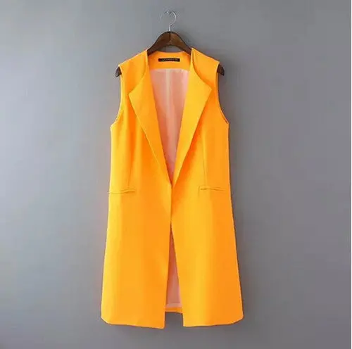 Women's Solid Orange Color Mid Long Sleeveless Suit Vest Lapel Turn Down Collar Slim Colete Feminino Gilet Waistcoat Tops 1