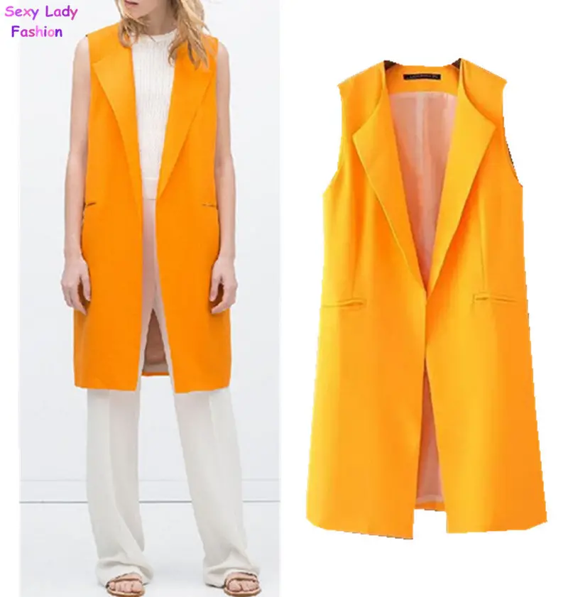 Women's Solid Orange Color Mid Long Sleeveless Suit Vest Lapel Turn Down Collar Slim Colete Feminino Gilet Waistcoat Tops 2
