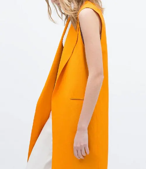 Women's Solid Orange Color Mid Long Sleeveless Suit Vest Lapel Turn Down Collar Slim Colete Feminino Gilet Waistcoat Tops 3