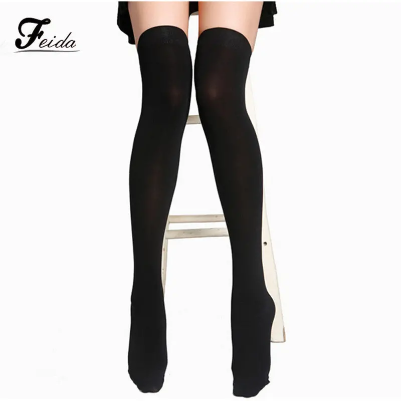 Women's Stockings Girls Opaque Over Knee Elastic Thigh High Stockings Medias Black Women Plus Feida 1