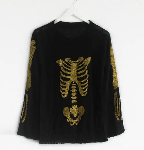 Women's Sweater Bronzing Golden Color Skull Bone Print Loose Knitted Horn Sleeve Sweater Jumper Knitwear Tops 1
