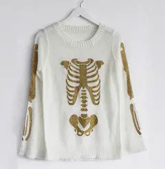 Women's Sweater Bronzing Golden Color Skull Bone Print Loose Knitted Horn Sleeve Sweater Jumper Knitwear Tops 2