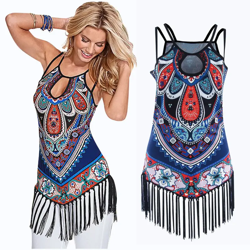 Womens Tank Top Sexy Tassel Tops Front Hollowout Woman Vest Camisole Print Boho Vest 4
