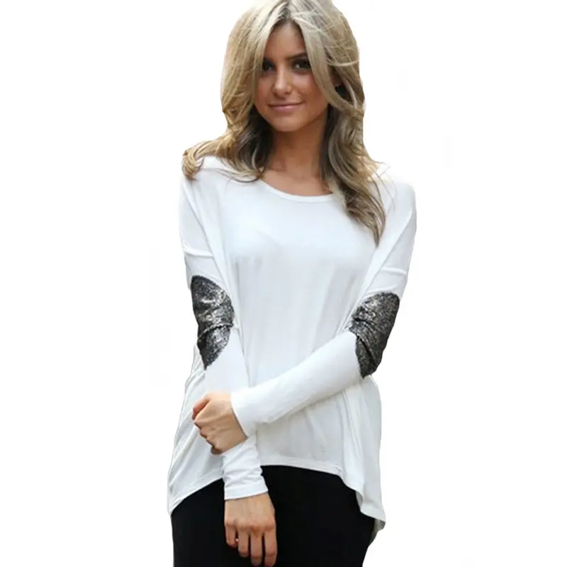 Womens Tops Fashion Ladies Solid T-Shirt Patchwork Elbow O Neck Long Sleeve Tees Asymmetric Hem Casual Top Roupa 10