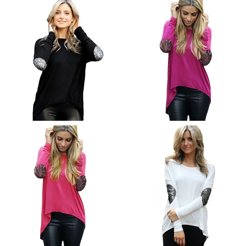 Womens Tops Fashion Ladies Solid T-Shirt Patchwork Elbow O Neck Long Sleeve Tees Asymmetric Hem Casual Top Roupa 11