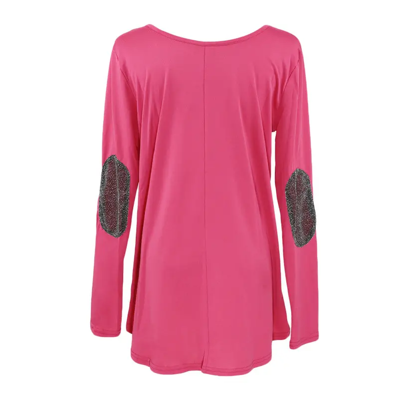 Womens Tops Fashion Ladies Solid T-Shirt Patchwork Elbow O Neck Long Sleeve Tees Asymmetric Hem Casual Top Roupa 8