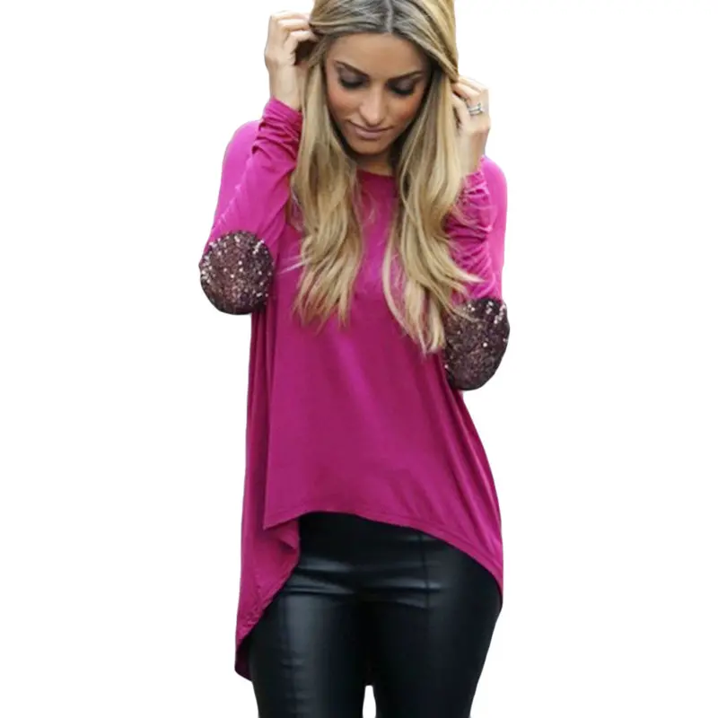 Womens Tops Fashion Ladies Solid T-Shirt Patchwork Elbow O Neck Long Sleeve Tees Asymmetric Hem Casual Top Roupa 9