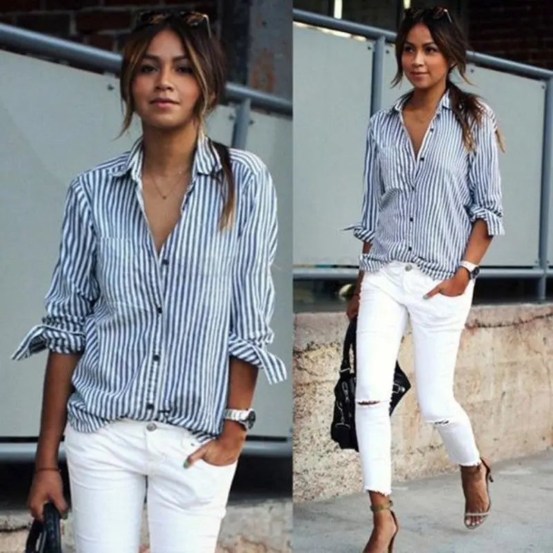Women's Tops Women Striped Blouses Long Sleeve Loose Casual Blusa Casual Shirt Tops Lapel Tops Plus Size 2