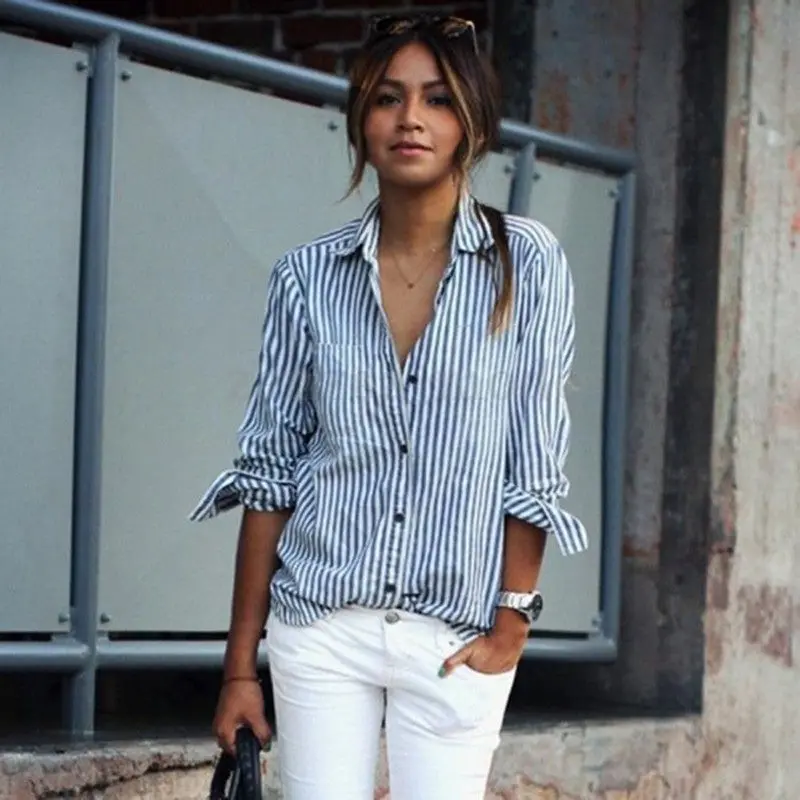 Women's Tops Women Striped Blouses Long Sleeve Loose Casual Blusa Casual Shirt Tops Lapel Tops Plus Size 3