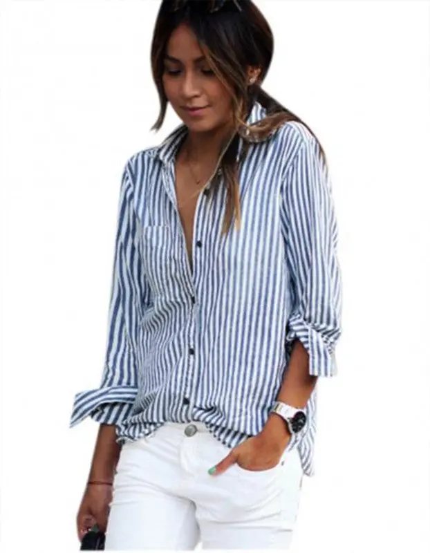 Women's Tops Women Striped Blouses Long Sleeve Loose Casual Blusa Casual Shirt Tops Lapel Tops Plus Size 4