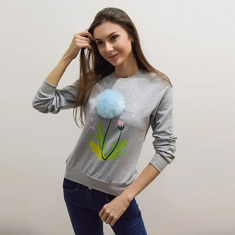 Women's Tracksuit O Neck Casual Pullover Tracksuits Plush Ball Dandelion Printed Sweatshirt Long Sleeve Pull Femme 1