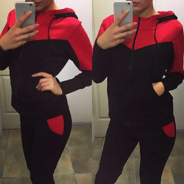 Women's Tracksuit Tops+Long Pants Sweatshirts Long Sleeve Hoodies Sweatshirt Suits Casual Patchwork 8