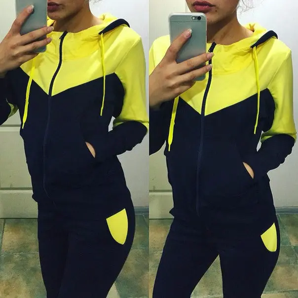 Women's Tracksuit Tops+Long Pants Sweatshirts Long Sleeve Hoodies Sweatshirt Suits Casual Patchwork 9
