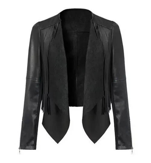 Women's Trendy Faux Leather Button Up Collar Lapel Long Sleeve Tassel Short Jacket Coat Suit Tops 1