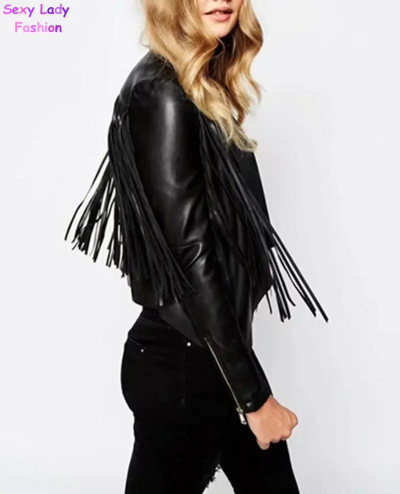 Women's Trendy Faux Leather Button Up Collar Lapel Long Sleeve Tassel Short Jacket Coat Suit Tops 2