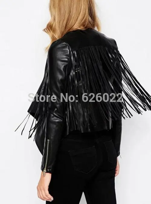 Women's Trendy Faux Leather Button Up Collar Lapel Long Sleeve Tassel Short Jacket Coat Suit Tops 3
