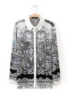Women's Trendy Paisley Palace Floral Print Contrast Color Lapel Long Sleeve Shirts Blouses Tops 1